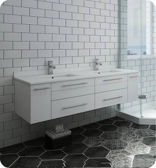 Fresca FCB6160WH-UNS-D-U Lucera 60" White Wall Hung Modern Bathroom Cabinet with Top & Double Undermount Sinks