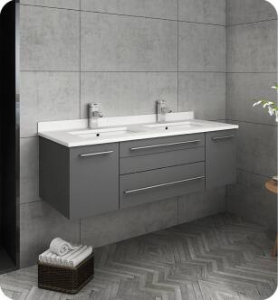Fresca FCB6148GR-UNS-D-U Lucera 48" Gray Wall Hung Modern Bathroom Cabinet with Top & Double Undermount Sinks
