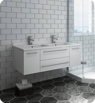 Fresca FCB6148WH-UNS-D-U Lucera 48" White Wall Hung Modern Bathroom Cabinet with Top & Double Undermount Sinks