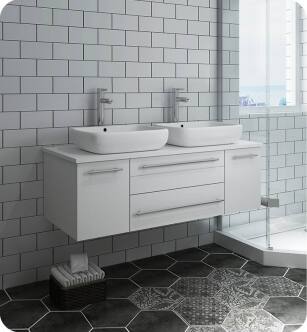 Fresca FCB6148WH-VSL-D-CWH-V Lucera 48" White Wall Hung Modern Bathroom Cabinet with Top & Double Vessel Sinks