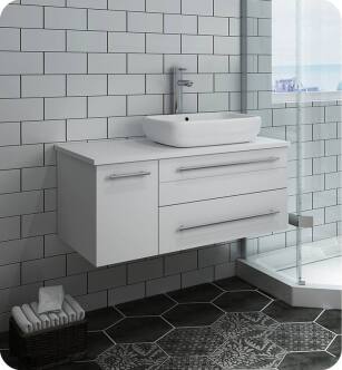 Fresca FCB6136WH-VSL-R-CWH-V Lucera 36" White Wall Hung Modern Bathroom Cabinet with Top & Vessel Sink - Right Version