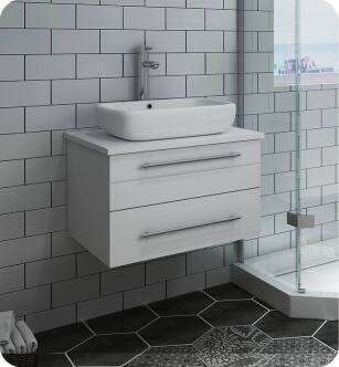 Fresca FCB6124WH-VSL-CWH-V Lucera 24" White Wall Hung Modern Bathroom Cabinet with Top & Vessel Sink