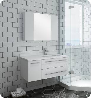 Fresca FVN6136WH-UNS-R Lucera 36" White Wall Hung Undermount Sink Modern Bathroom Vanity with Medicine Cabinet - Right Version