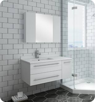 Fresca FVN6136WH-UNS-L Lucera 36" White Wall Hung Undermount Sink Modern Bathroom Vanity with Medicine Cabinet - Left Version