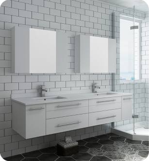Fresca FVN6172WH-UNS-D Lucera 72" White Wall Hung Double Undermount Sink Modern Bathroom Vanity with Medicine Cabinets