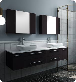Fresca FVN6172ES-VSL-D Lucera 72" Espresso Wall Hung Double Vessel Sink Modern Bathroom Vanity with Medicine Cabinets