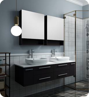 Fresca FVN6160ES-VSL-D Lucera 60" Espresso Wall Hung Double Vessel Sink Modern Bathroom Vanity with Medicine Cabinets