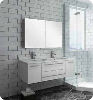 Fresca FVN6148WH-UNS-D Lucera 48" White Wall Hung Double Undermount Sink Modern Bathroom Vanity with Medicine Cabinet