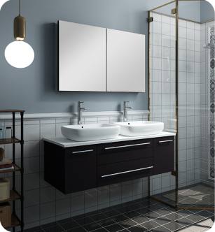 Fresca FVN6148ES-VSL-D Lucera 48" Espresso Wall Hung Double Vessel Sink Modern Bathroom Vanity with Medicine Cabinet