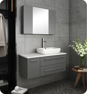Fresca FVN6136GR-VSL-R Lucera 36" Gray Wall Hung Vessel Sink Modern Bathroom Vanity with Medicine Cabinet - Right Version