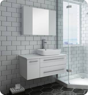 Fresca FVN6136WH-VSL-R Lucera 36" White Wall Hung Vessel Sink Modern Bathroom Vanity with Medicine Cabinet - Right Version
