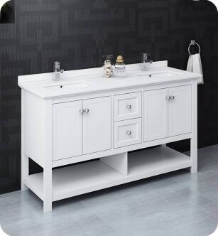 Fresca FCB2360WH-D-U Manchester 60" White Traditional Double Sink Bathroom Cabinet with Top & Sinks