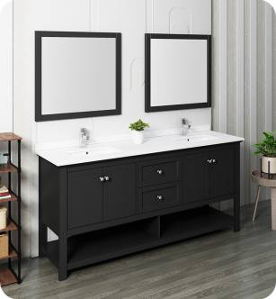 Fresca FVN2372BL-D Manchester 72" Black Traditional Double Sink Bathroom Vanity with Mirrors