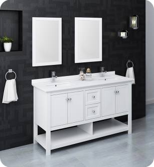 Fresca FVN2360WH-D Manchester 60" White Traditional Double Sink Bathroom Vanity with Mirrors