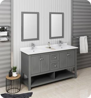 Fresca FVN2360VG-D Manchester Regal 60" Gray Wood Veneer Traditional Double Sink Bathroom Vanity with Mirrors