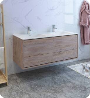 Fresca FCB9260RNW-D-I Catania 60" Rustic Natural Wood Wall Hung Modern Bathroom Cabinet with Integrated Double Sink