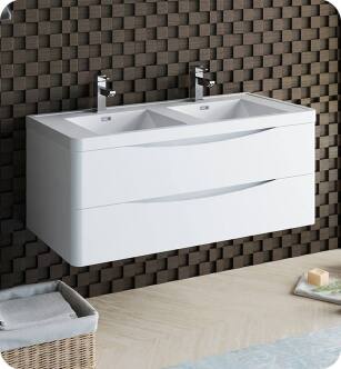 Fresca FCB9048WH-D-I Tuscany 48" Glossy White Wall Hung Modern Bathroom Cabinet with Integrated Double Sink