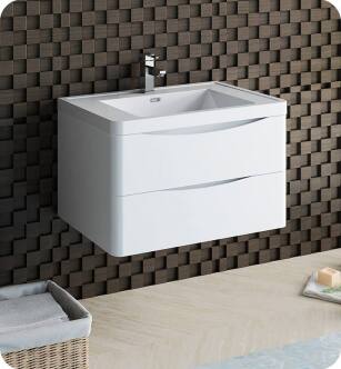 Fresca FCB9032WH-I Tuscany 32" Glossy White Wall Hung Modern Bathroom Cabinet with Integrated Sink