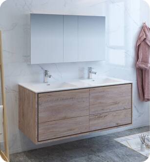 Fresca FVN9260RNW-D Catania 60" Rustic Natural Wood Wall Hung Double Sink Modern Bathroom Vanity with Medicine Cabinet