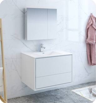 Fresca FVN9236WH Catania 36" Glossy White Wall Hung Modern Bathroom Vanity with Medicine Cabinet