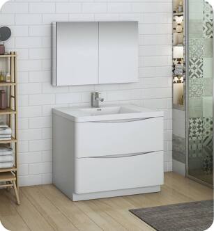 Fresca FVN9140WH Tuscany 40" Glossy White Free Standing Modern Bathroom Vanity with Medicine Cabinet