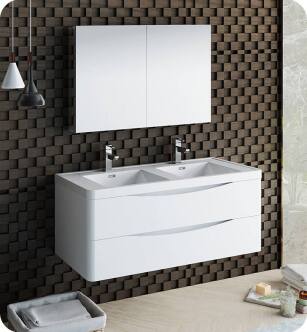 Fresca FVN9048WH-D Tuscany 48" Glossy White Wall Hung Double Sink Modern Bathroom Vanity with Medicine Cabinet