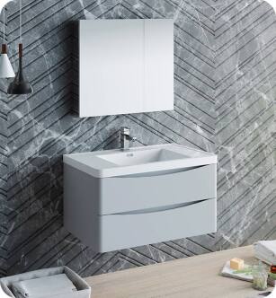 Fresca FVN9036GRG Tuscany 36" Glossy Gray Wall Hung Modern Bathroom Vanity with Medicine Cabinet