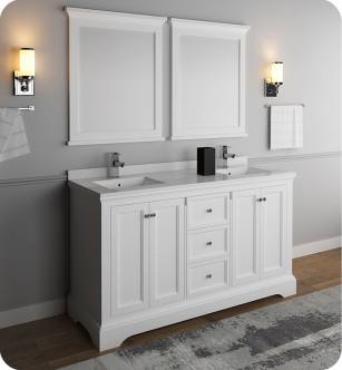 Fresca FVN2460WHM Windsor 60" Matte White Traditional Double Sink Bathroom Vanity with Mirrors