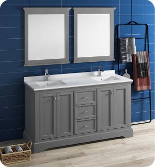 Fresca FVN2460GRV Windsor 60" Gray Textured Traditional Double Sink Bathroom Vanity with Mirrors