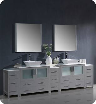 Fresca FVN62-108GR-VSL Torino 108" Grey Modern Double Sink Bathroom Vanity with 3 Side Cabinets and Vessel Sinks
