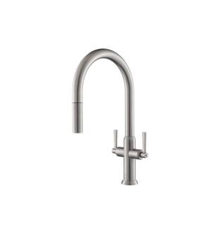 Flusso K.1800SS Velox Dual Spray Stainless Steel Two Handle Kitchen Faucet With Pull Out in Stainless Steel