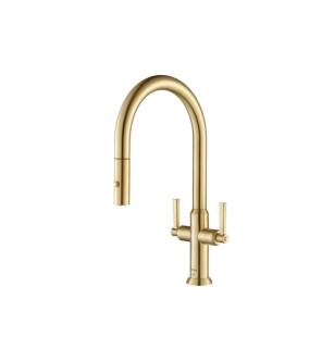Flusso K.1800BG Velox Dual Spray Stainless Steel Two Handle Kitchen Faucet With Pull Out in Brushed Gold PVD