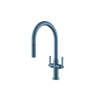 Flusso K.1800BP Velox Dual Spray Stainless Steel Two Handle Kitchen Faucet With Pull Out in Blue Platinum