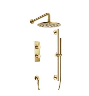 Flusso 100.7300SB Shower Kit - 8″ Shower Head & Hand Shower - Thermostatic Valve & Trim in Satin Brass PVD