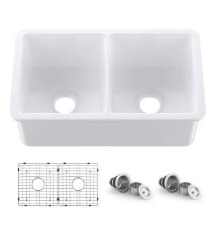 KIBI USA K2-D32 32″ Pure Fireclay Double Bowl Drop-In/Undermount Kitchen Sink in Glossy White