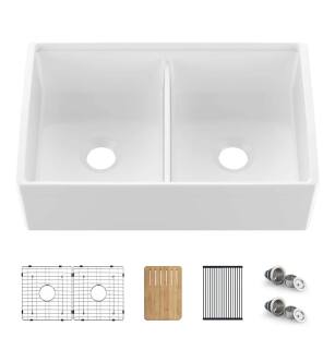 KIBI USA K2-DF33T 33″ Pure Fireclay Double Bowl Farmhouse Kitchen Workstation Sink in Glossy White