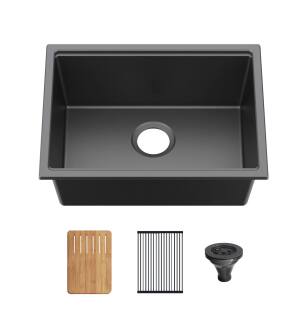 KIBI USA K4-S23T 22 13/16″ Undermount Workstation Single Bowl Quartz Kitchen Sink in Matte Black