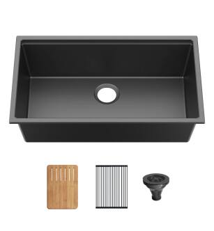KIBI USA K4-S33T 33″ Undermount Workstation Single Bowl Quartz Kitchen Sink in Matte Black