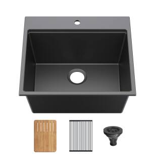 KIBI USA K4-TS25T 25″ Top-Mount Workstation Single Bowl Quartz Kitchen Sink in Matte Black