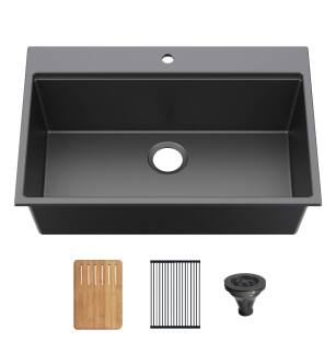 KIBI USA K4-TS33T 33″ Top Mount Workstation Single Bowl Quartz Kitchen Sink in Matte Black