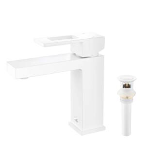 KIBI USA C-KBF1002MW-KPW100MW Cubic Single Handle Bathroom Vanity Sink Faucet with Pop Up Drain in Matte White