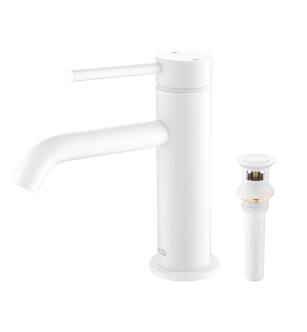 KIBI USA C-KBF1008MW-KPW100MW Circular Single Handle Bathroom Vanity Sink Faucet with Pop Up Drain in Matte White