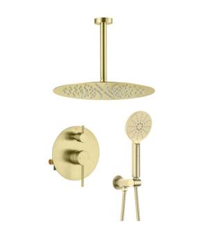KIBI USA KSF408BG Circular Pressure Balanced Ceiling Mounted 2 Function Shower System with Rough In Valve in Brushed Gold
