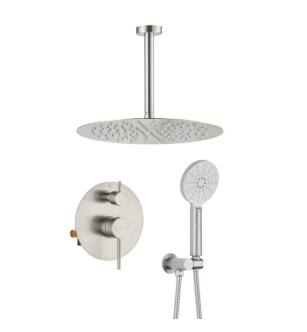 KIBI USA KSF408BN Circular Pressure Balanced Ceiling Mounted 2 Function Shower System with Rough In Valve in Brushed Nickel