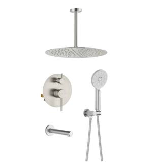 KIBI USA KSF409BN Circular Pressure Balanced Ceiling Mounted 3 Function Shower System with Rough In Valve in Brushed Nickel