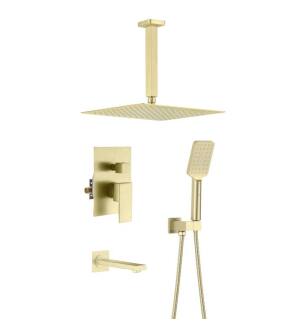 KIBI USA KSF413BG Cube Pressure Balanced Ceiling Mounted 3 Function Shower System with Rough In Valve in Brushed Gold