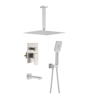 KIBI USA KSF413BN Cube Pressure Balanced Ceiling Mounted 3 Function Shower System with Rough In Valve in Brushed Nickel