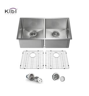 KIBI USA K1-D33-EQ 32 3/4" Handcrafted Undermount Double Bowl Stainless Steel Kitchen Sink