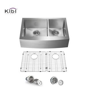 KIBI USA K1-DF33 33" Handcrafted Farmhouse Apron Double Bowl Stainless Steel Kitchen Sink