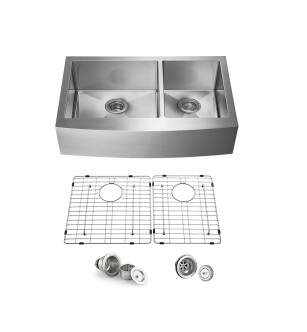 KIBI USA K1-DF36 36" Handcrafted Farmhouse Apron Double Bowl Stainless Steel Kitchen Sink